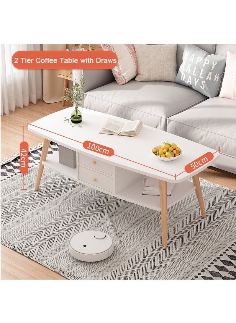 تابيت طاولة قهوة خشبية مزدوجة الطبقة مع الدرجات ، طاولة مركز بيضاوية بيضاوية لغرفة المعيشة ، طاولة نهاية بسيطة ووظيفية مع مساحة تخزين واسعة (100x50x42 سم ، أبيض) - Image 3